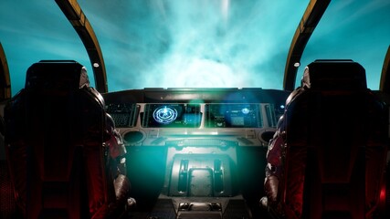 Canvas Print - space travelers-astronauts fly through the space portal in their interstellar spacecraft. the image 