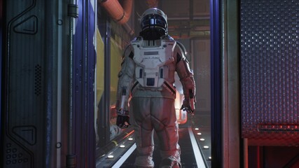 Canvas Print - the astronaut leave the control room and walk along the corridor of the interstellar spacecraft. the