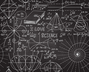 Wall Mural - Scientific vector seamless pattern with math and physics formulas, calculations, equations, handwritten with chalk on a grey blackboard
