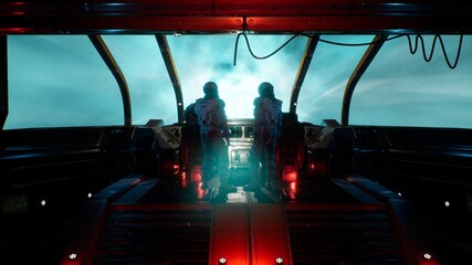 Canvas Print - space travelers-astronauts fly through the space portal in their interstellar spacecraft. the image 