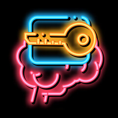 Poster - key for brain neon light sign vector. Glowing bright icon key for brain sign. transparent symbol illustration