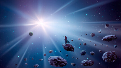 Wall Mural - Magician standing, flying on asteroid belt with planet, stars and sun. Fantasy digital painting illustration, background. Element furnished by NASA. 3d rendering