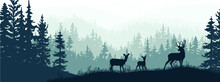 Horizontal Banner. Silhouette Of Deer, Doe, Fawn Standing On Meadow In Forrest. Silhouette Of Animal, Trees, Grass. Magical Misty Landscape, Fog. Blue And Gray Illustration. Bookmark.