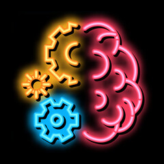 Poster - brain work mechanical gears neon light sign vector. Glowing bright icon brain work mechanical gears sign. transparent symbol illustration