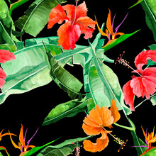 Banana Leaves And Tropical Flowers On Black Background Seamless Pattern For All Prints.