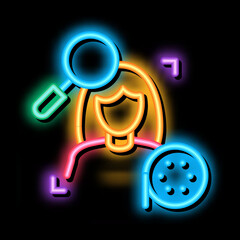 Poster - research woman video neon light sign vector. Glowing bright icon research woman video sign. transparent symbol illustration