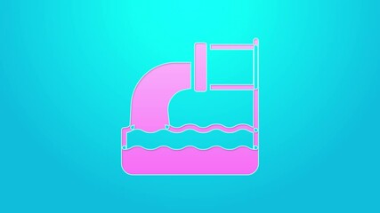 Canvas Print - Pink line Wastewater icon isolated on blue background. Sewer pipe. From the pipe flowing liquid into the river. 4K Video motion graphic animation