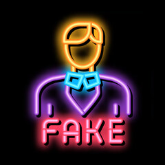 Poster - man fake photo neon light sign vector. Glowing bright icon man fake photo sign. transparent symbol illustration