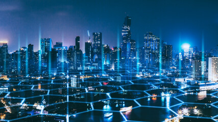 Fototapete - Smart Network and Connection city of Bangkok Thailand at night