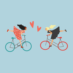 Peace and friendship concept. Vector illustration of two happy stylish friends girls riding bikes