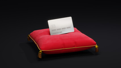 Card on red pillow with gold decor 3D illustration rendering