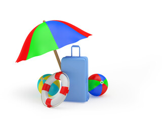 Sticker - Suitcase and beach accessories are under a beach umbrella. 3d illustration 