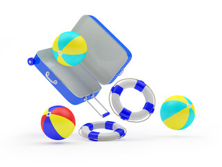 Sticker - Beach balls and lifebuoys spill out of the open suitcase. 3d illustration 