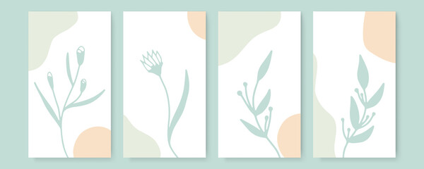 Vector design templates in simple modern style with copy space for text, flowers and leaves - wedding invitation backgrounds and frames, social media stories wallpapers