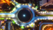 Traffic Light Trails In A Night City Roundabout - 3d Animation - Top Down, Hyperlapse