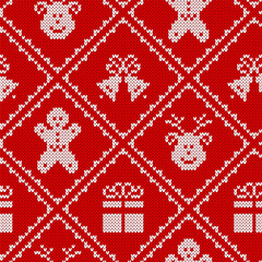 Wall Mural - Knit christmas print. Xmas seamless pattern with gingerbread man, gift box, bells and reindeer. Vector. Festive sweater background. Holiday red texture. Wool scandinavian pullover illustration.