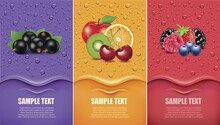 Many Fresh Juice Drops Background With Black Currant, Multivitamins, Forest Fruit - Strawberry, Raspberry, Blueberry, Blackberry