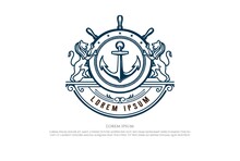 Lion King Crown With Steer Wheel, Anchor And Rope For Nautical Marine Boat Ship Badge Emblem Logo Design