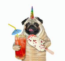 Wall Mural - A dog pug unicorn holds a fruit popsicle and a glass of juice with ice. White background. Isolated.