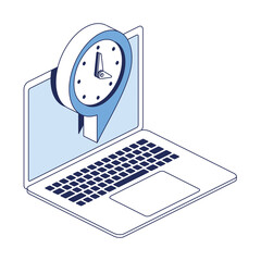 Poster - Laptop screen, clock map marker. Vector 3d line isometric, color web icons, new flat style. Creative design idea and elements for infographics.