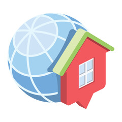 Poster - Globe, home pin map. Vector 3d symbol, isometric, color web icons, new flat style. Creative design idea, concept for infographics.