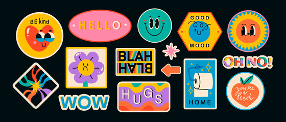 Aufkleber - Set of Various Patches, pins, stamps or Stickers. Abstract funny cute comic Characters. Different Phrases and words. Hand drawn trendy Vector illustrations. Cartoon style. All elements are isolated.