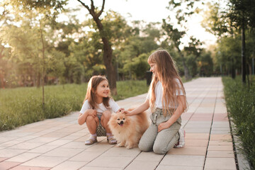 Two cute sister kid girls play in park with domestic pet dog spitz standing on road over nature background. Childhood. Friendship. Happiness.