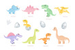Cute dinosaurs set. Simple flat vector illustration of stegosaurus, Brachiosaurus, Pteranodon, Velociraptor, Tyrannosaurus, Triceratops, Brontosaurus, Spinosaurus. Newborn dinosaur hatched from egg.
