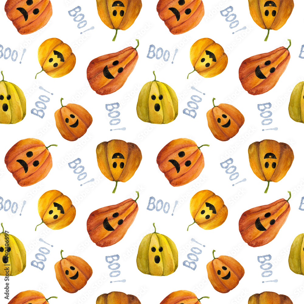 Watercolor hand drawn Halloween seamless pattern on white background ...