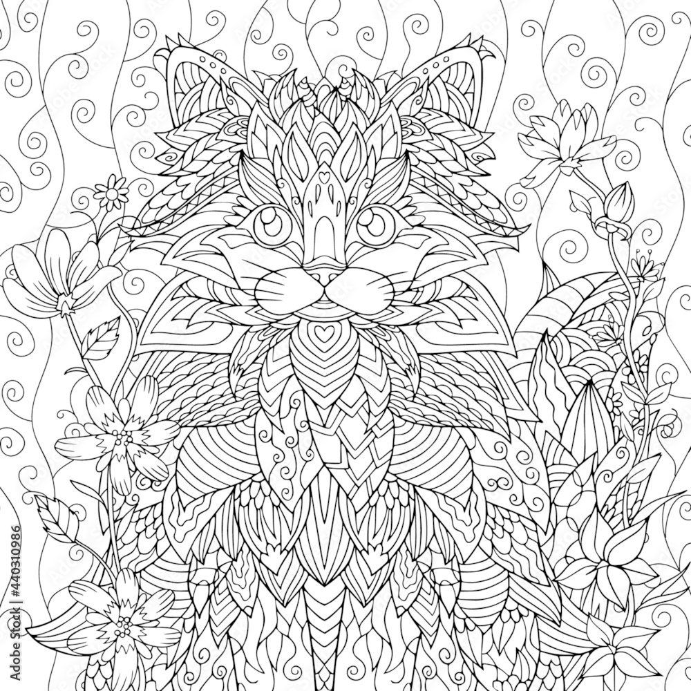 Coloring book cat with vintage flowers and zentangle elements. Hand ...