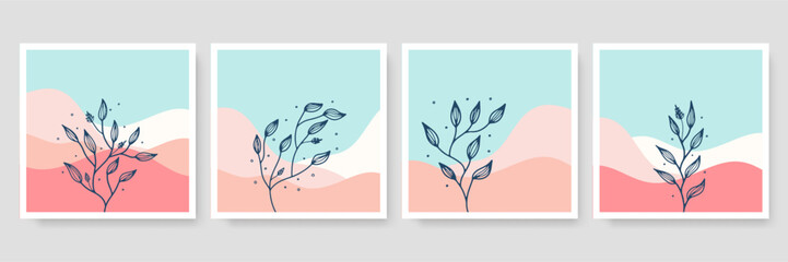 Wall Mural - Abstract poster background minimal shapes, half tone leaves dot design elements, leaf. Vector Art print, terracota shapes. Creative digital illustration for minimalism, hipster, scandinavian design