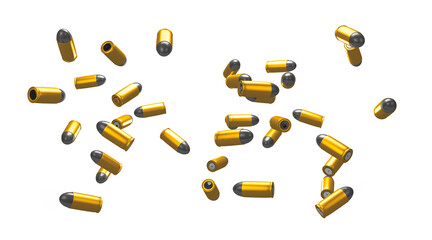 Fototapete - 3D rendering, Close up falling bullets pistol isolated on white background.