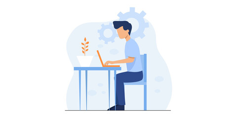 Wall Mural - Flat vector business technology cloud computing service concept and with developer team working concept. Flat office worker with marketing, collaboration, finance, and IT meeting using laptop