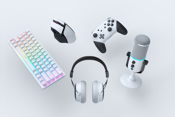 Wall Mural - Flying gamer gears like mouse, keyboard, joystick, headset, VR, microphone