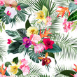 © lavendertime - Exotic tropical flowers, orchid, strelitzia, hibiscus, protea, ylang-ylang, palm, monstera leaves vector seamless pattern. Jungle forest wedding design print. Island greenery. Isolated and editable