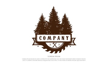 Wall Mural - Pine Cedar Spruce Evergreen Fir Larch Cypress Hemlock Tree Forest with Circular Blade Logo Design Vector