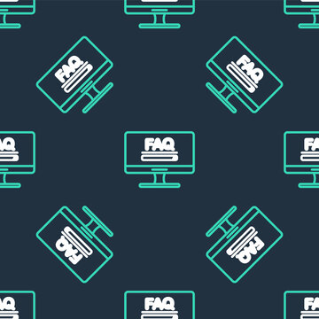 Line Computer monitor with text FAQ information icon isolated seamless pattern on black background. Frequently asked questions. Vector