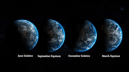 Wall Mural - winter solstice , equinoxes and solstices seen from space 3d illustration, summer solstice, june solstice
