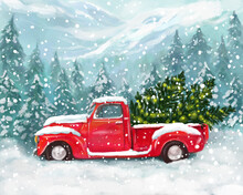 Christmas Cute Greeting Illustration. Red Pickup Truck With A Christmas Tree In The Back Against A Background Of Forest, Mountains And Snowfall