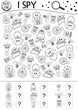 © Lexi Claus - Camping I spy black and white game for kids. Searching and counting outline activity or coloring page with summer camp equipment. Funny printable worksheet with smiling kawaii objects. .