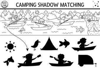 Wall Mural - Summer camp black and white shadow matching activity with cute children on boats. Road trip outline puzzle with kayaking kids. Find the correct silhouette printable worksheet or coloring page. .