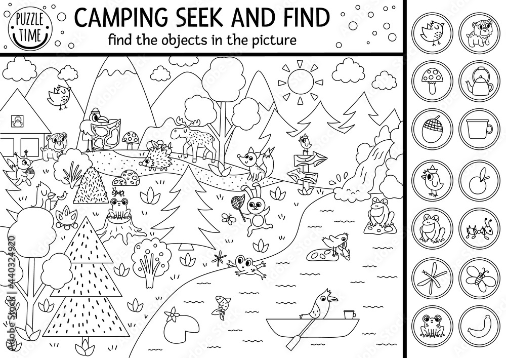 Vector black and white camping searching game or coloring page with cute animals in the forest. vector-black-and-white-camping-searching-game-or-coloring-page-with-cute-animals-in-the-forest