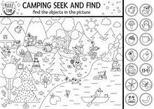 Vector Black And White Camping Searching Game Or Coloring Page With Cute Animals In The Forest. Spot Hidden Objects. Simple Seek And Find S Outline Summer Camp Or Woodland Printable Activity .