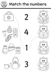 Wall Mural - Match the numbers black and white game with kawaii backpack and camping equipment. Summer camp math outline activity with lantern, compass. Printable counting worksheet or coloring page.