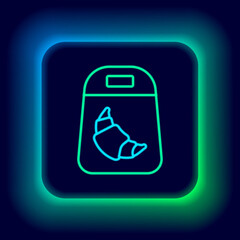 Sticker - Glowing neon line Croissant package icon isolated on black background. Colorful outline concept. Vector