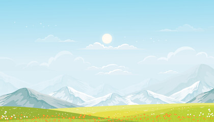 Wall Mural - Spring landscape in countryside with green meadow on hills, blue sky,fluffy clouds and sun, Vector cartoon banner of village with grass field and wildflower in sunny Summer, Holiday natural background