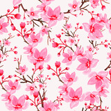 Fototapeta Storczyk - Watercolor seamless paper.Seamless pattern with cherry blossoms. Watercolor Sakura illustration.