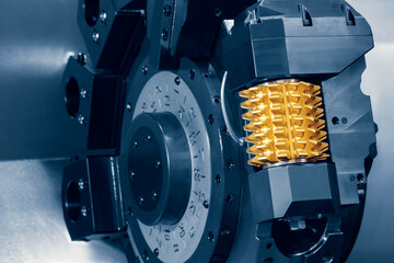 Poster - CNC lathe machine or Turning machine chucking the steel cone shape rod. Hi technology manufacturing process.