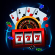 Winning slot machine, playing cards and roulette wheel fly casino. Online casino vector illustration. Concept on blue background. Casino vector illustration. Online casino, gambling concept