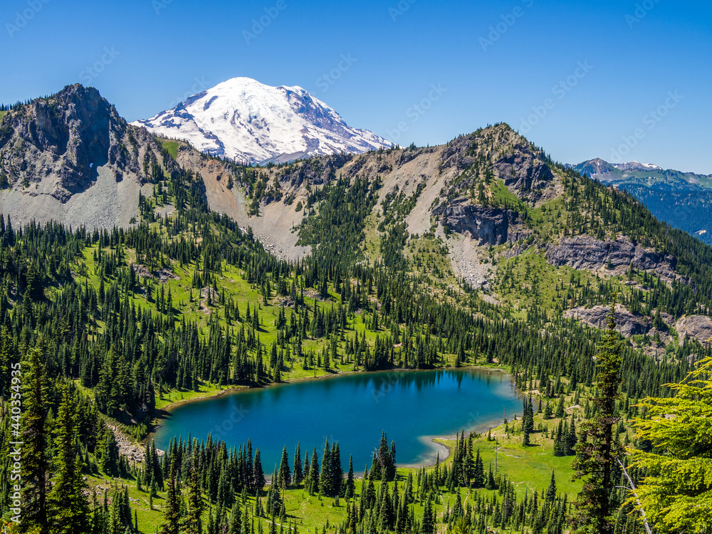 Crystal Lake with Mount Rainier on background Stock Photo | Adobe Stock